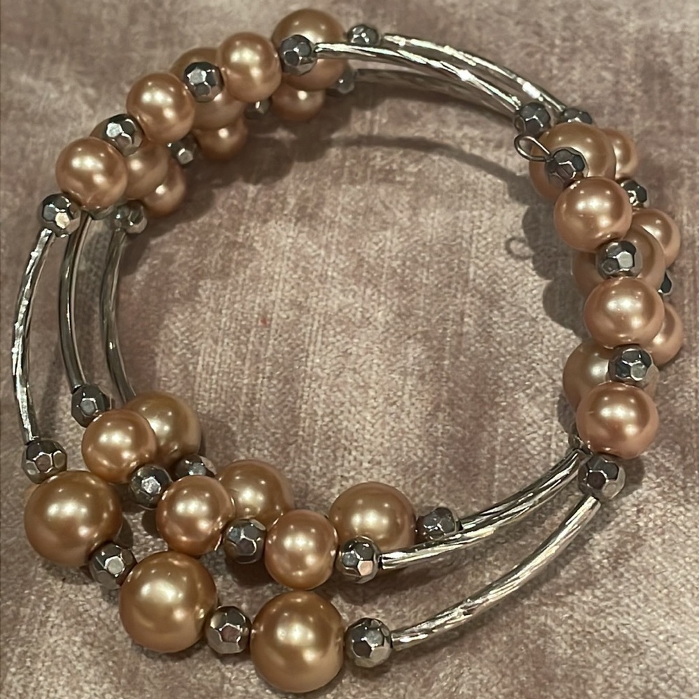 Champagne Pearl Coil Bracelet 3 layer silver Tube